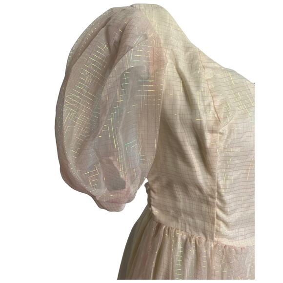 Vintage 1980s Cream Princess Dress with Sheer Iridescent Overlay Medium - Picture 2 of 6